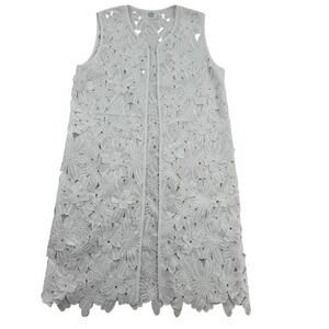 Just B Women White Floral Lace Sleeveless Open Front Cardigan Rhinestone Accent